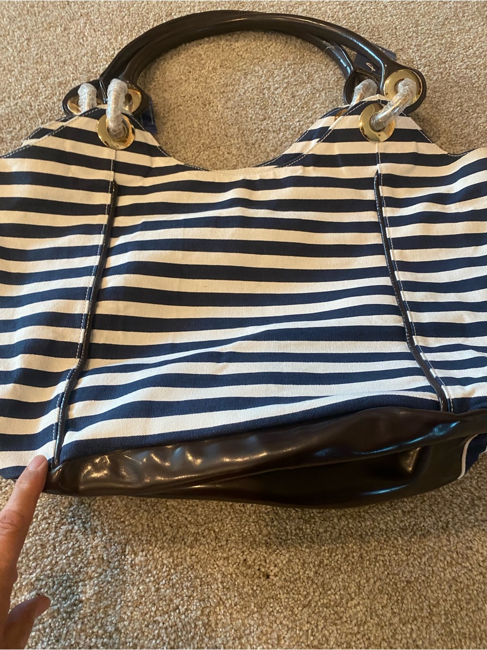 Striped Navy and White Canvas Tote with Brown Trim - Picture 7 of 8